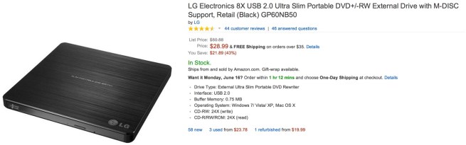 LG Electronics 8X USB 2.0 Ultra Slim Portable DVD+:-RW External Drive with M-DISC Support, Retail (Black) GP60NB50