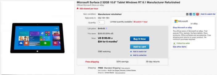 Microsoft Surface 2 32GB 10.6%22 Tablet Windows RT 8.1 Manufacturer Refurbished