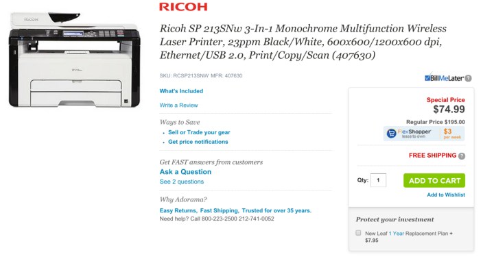 Ricoh SP 213SNw Multifunction Wireless Laser Printer