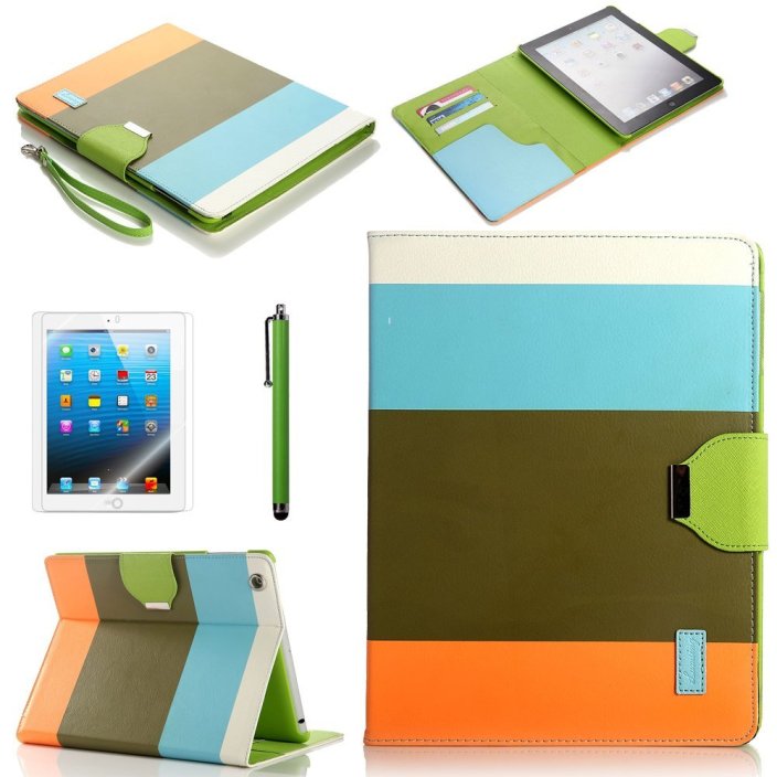 ATC Lumsing Colorful Wallet Design Magnetic PU Leather Stand Case Smart Cover for Apple iPad 2, iPad 3 (the new iPad) , iPad 4th Generation with Stylus (Wake:sleep Function)+ Screen protector (Blue+Brown+Orange)