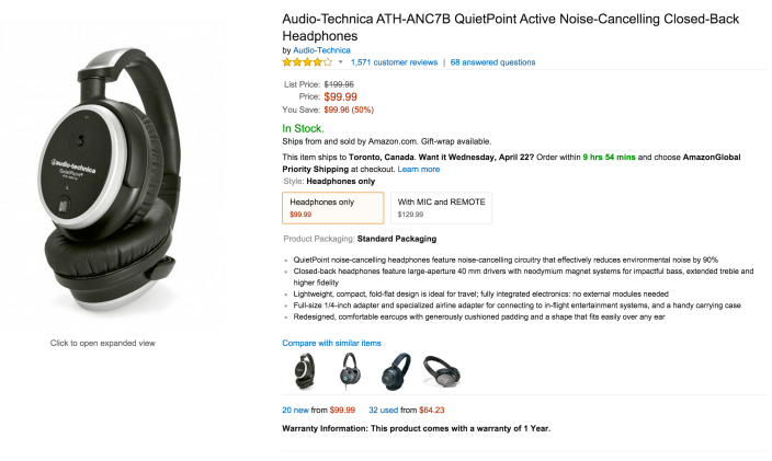 Audio-Technica QuietPoint Active Noise-Cancelling Closed-Back Headphones (ATH-ANC7B)-sale-02