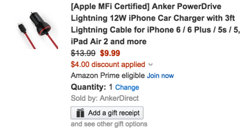 [Apple MFi Certified] Anker PowerDrive Lightning 12W iPhone Car Charger with 3ft Lightning Cable for iPhone 6 : 6 Plus : 5s : 5, iPad Air 2