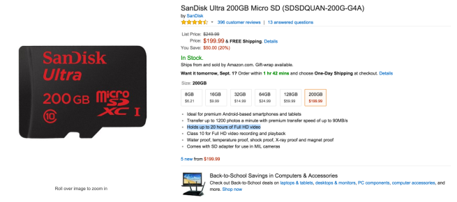Amazon.com: SanDisk Ultra 200GB Micro SD (SDSDQUAN-200G-G4A): Computers & Accessories 2015-08-31 15-02-53