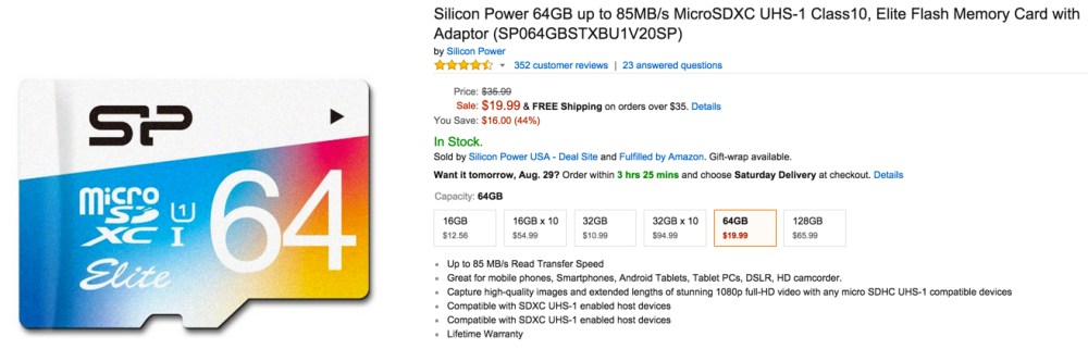 Silicon Power 64GB up to 85MB:s MicroSDXC UHS-1 Class10, Elite Flash Memory Card with Adaptor (SP064GBSTXBU1V20SP)