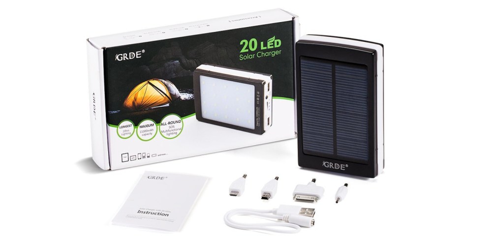 11000mAh Solar Charger& 20LED Camping Light 2-in-1; Dual USB External Solar Charger