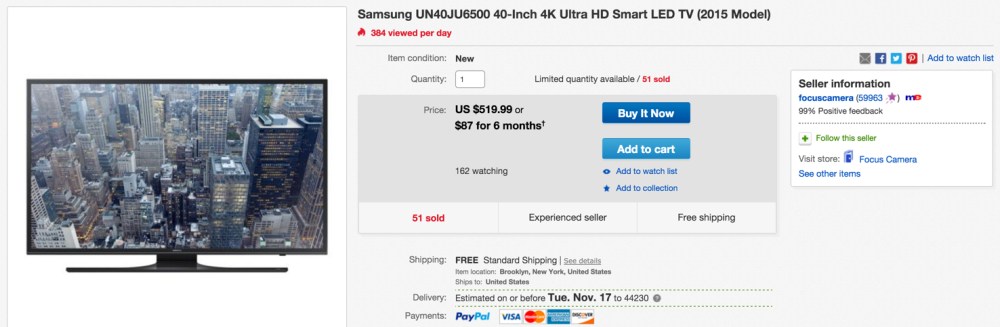 Samsung 40%22 4K 2160p LED-Backlit LCD Smart Ultra HD Television
