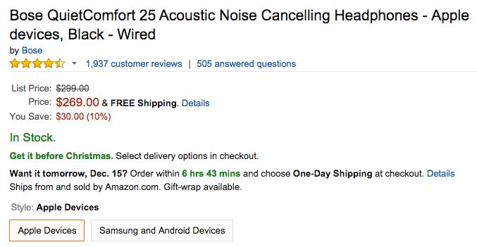 Bose QuietComfort 25 Acoustic Noise Cancelling Headphones Amazon