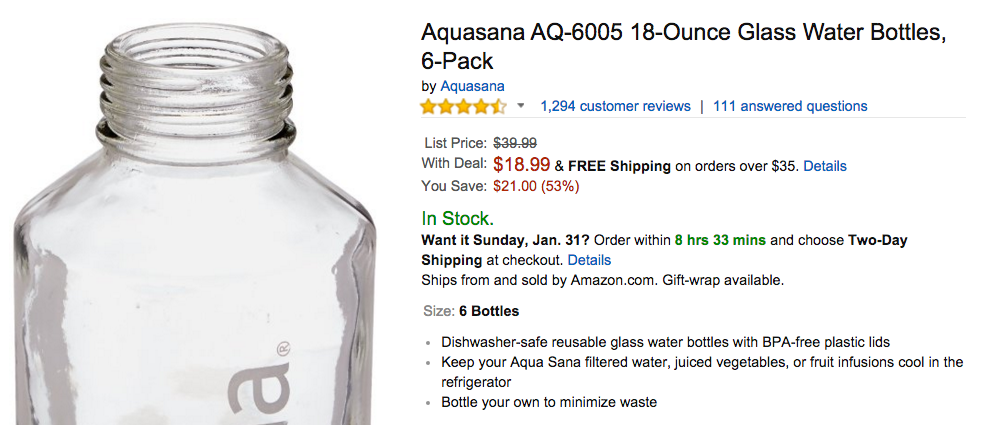 Aquasana AQ-6005 18-Ounce Glass Water Bottles Amazon