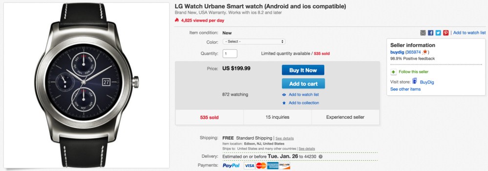 LG Watch Urbane Android Smartwatch in Silver or Gold