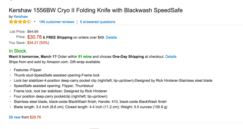 Kershaw Cryo II Folding Knife with Blackwash SpeedSafe (1556BW)-2