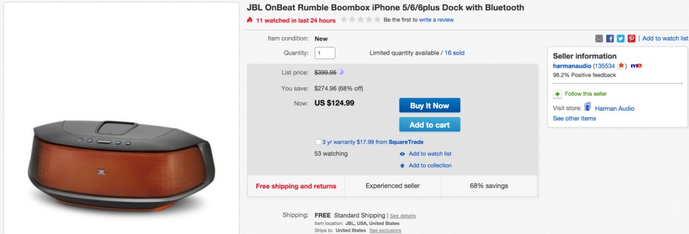 JBL OnBeat Rumble Bluetooth Speaker with Lightning Connector