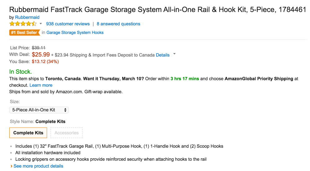 Rubbermaid FastTrack Garage Storage System All-in-One Rail & Hook Kit (1784461)-2