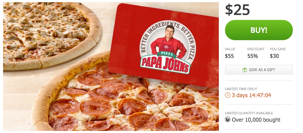 Two Free Large One-Topping Pizzas with Purchase of $25 eGift Card at Papa John’s