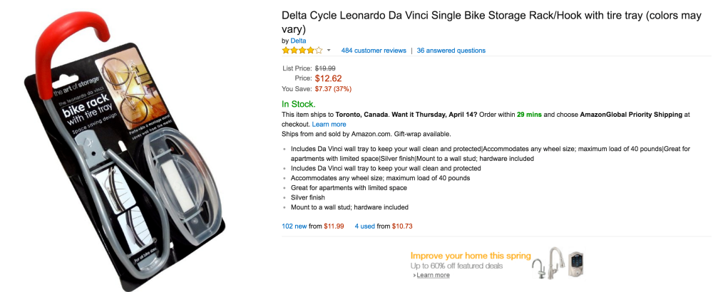 Delta Cycle Leonardo Da Vinci Single Bike Storage Rack:Hook with tire tray-2