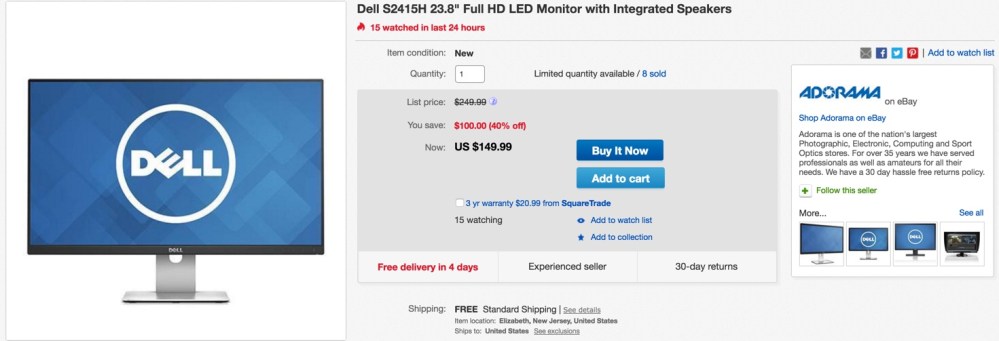 Dell S2415H 23.8%22 Full HD LED Monitor with Integrated Speakers