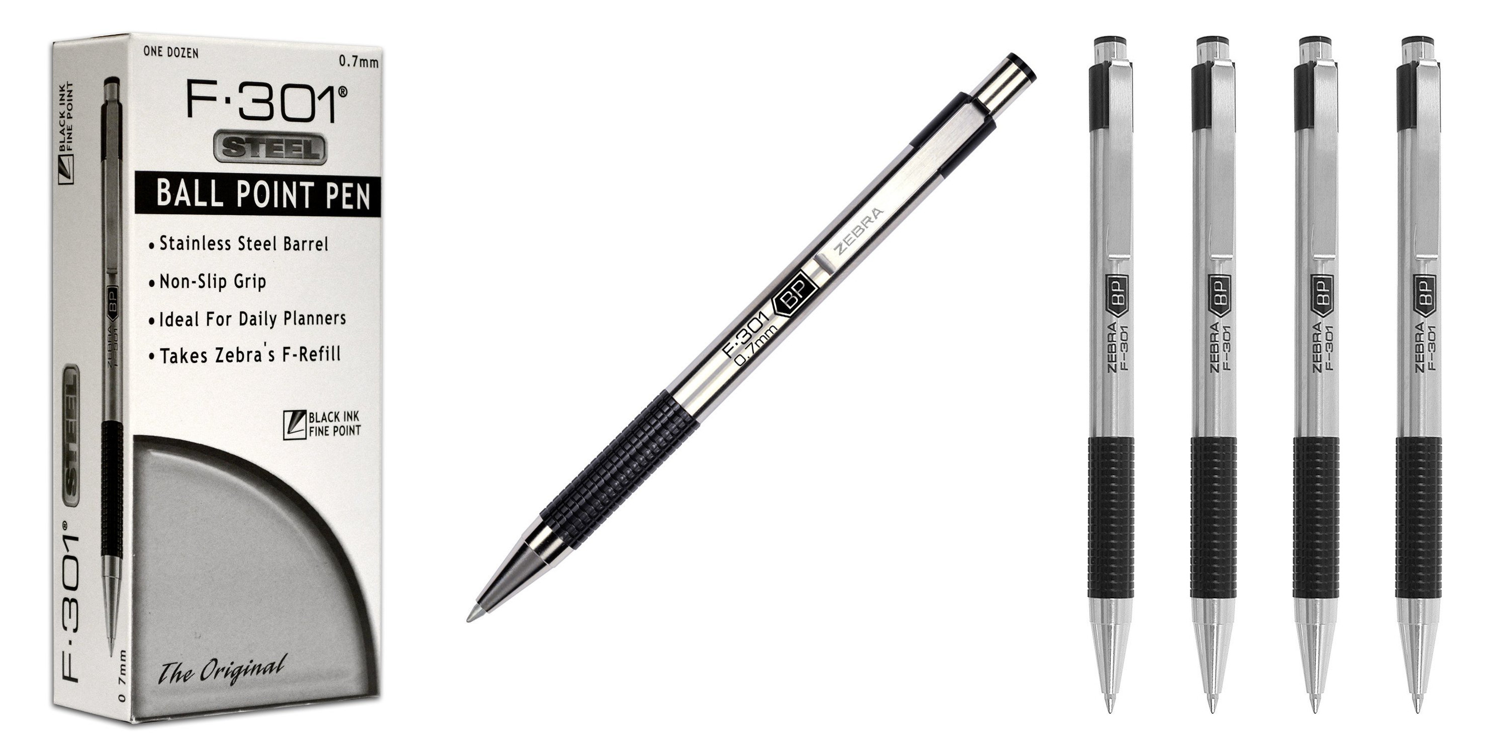 zebra-f-301-stainless-steel-retractable-ballpoint-pens-0-7mm-black-27110-7