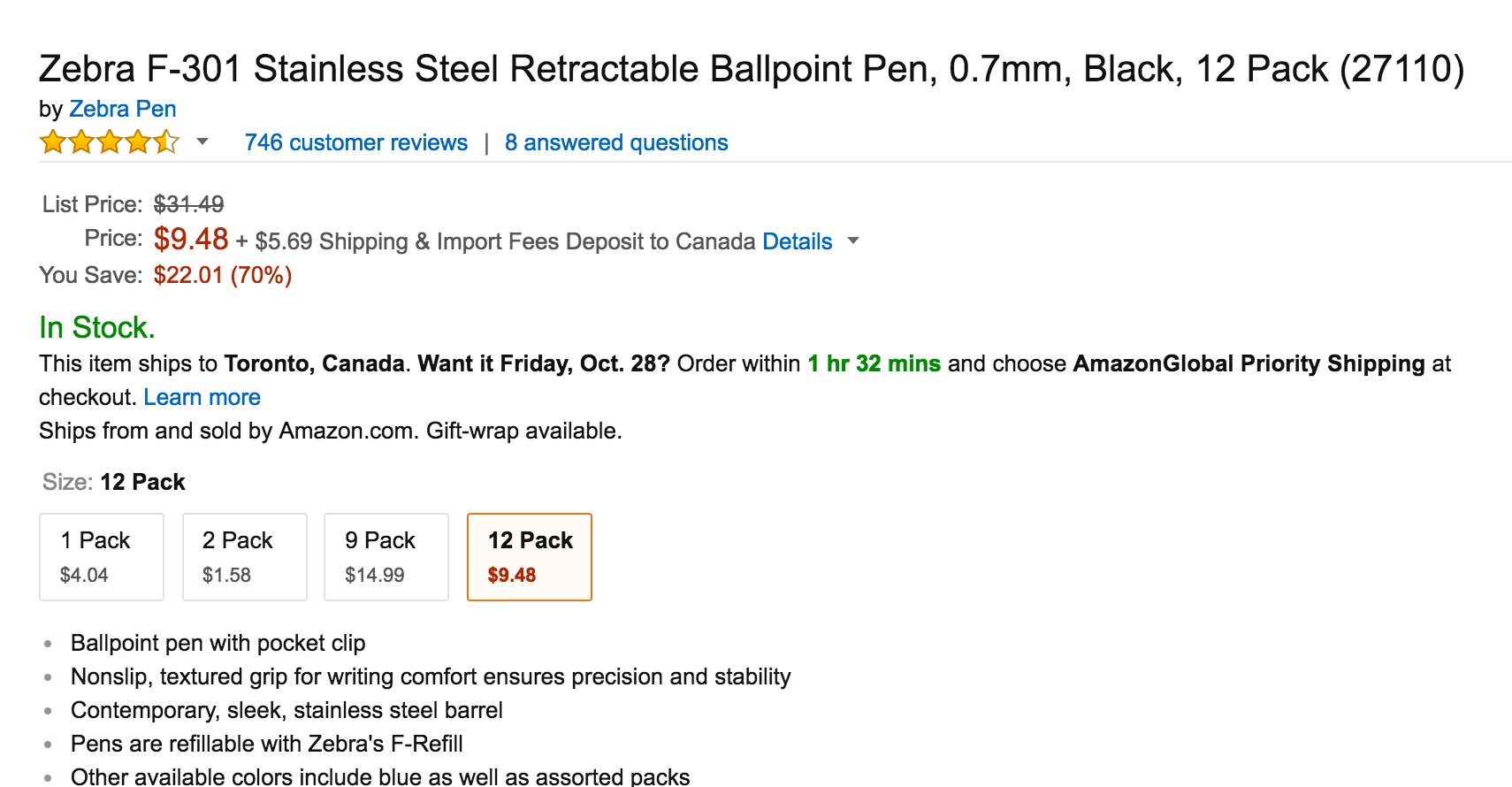 zebra-f-301-stainless-steel-retractable-ballpoint-pens-0-7mm-black-27110-8