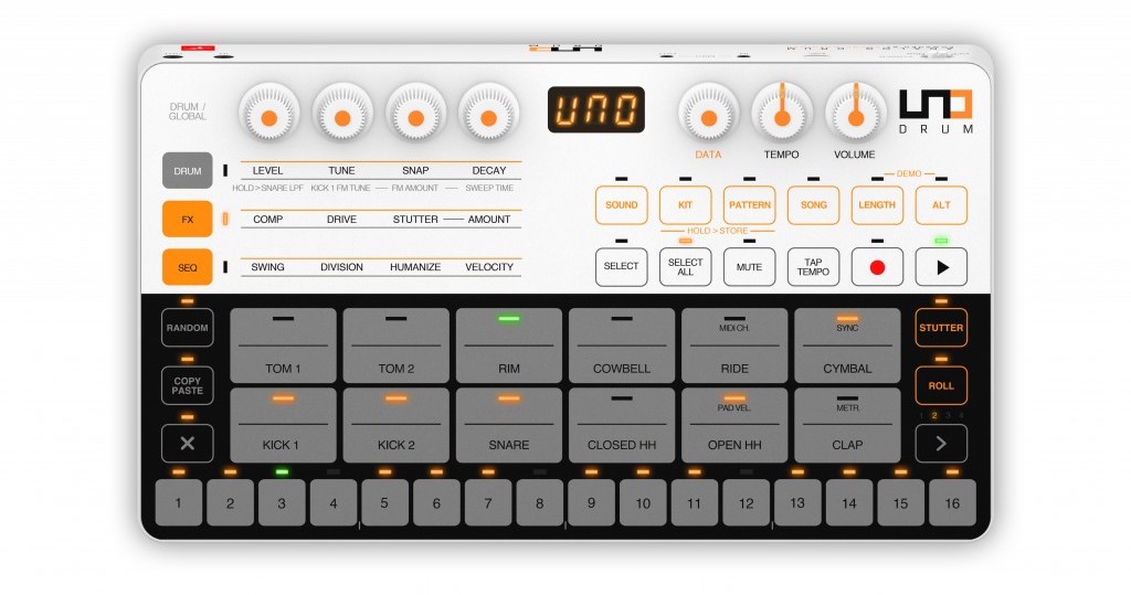 UNO Drum - one most affordable drum machines - front panel
