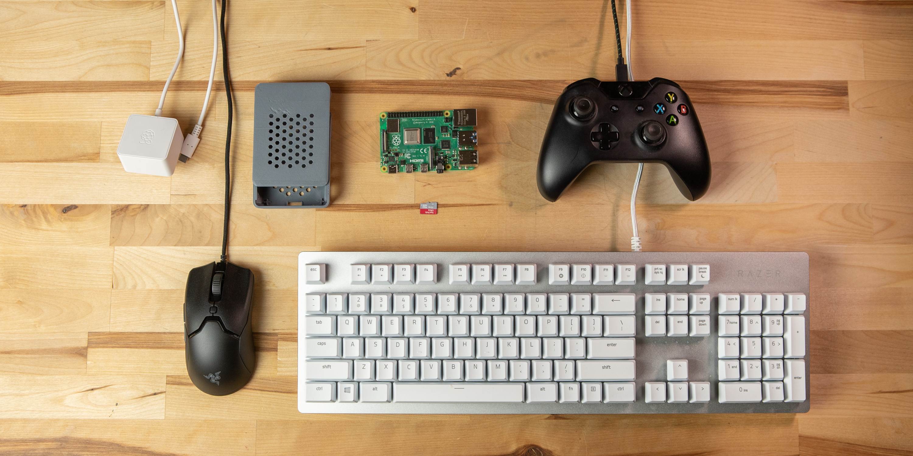 flat lay of Raspberry Pi 4 retro gaming components