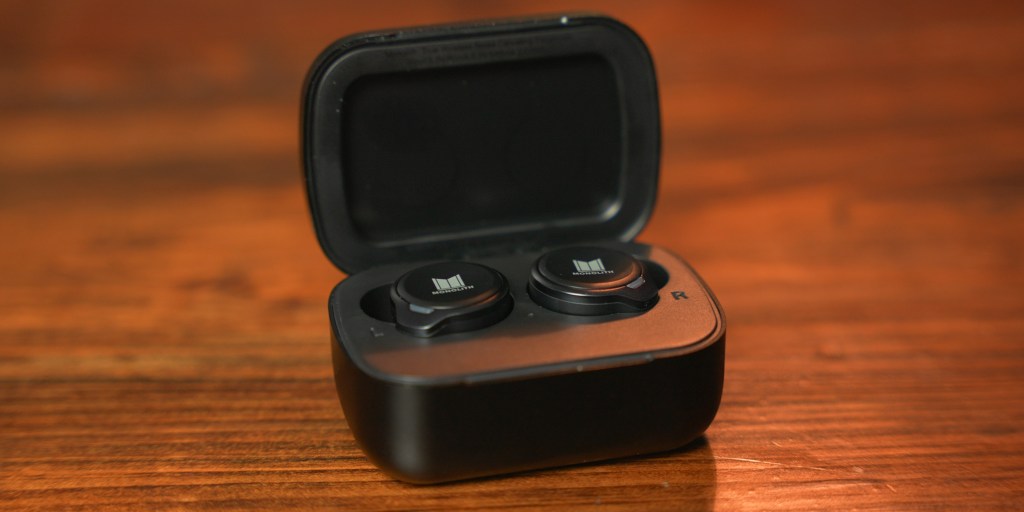 Monolith M-TWE earbuds in charging case