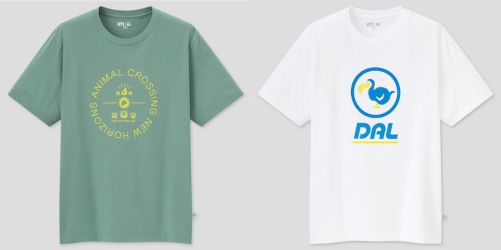 Two Animal Crossing New Horizons shirts from Uniqlo. On the left, a pale olive tee with an original graphic; on the right, a white tee featuring the Dodo Airlines logo.