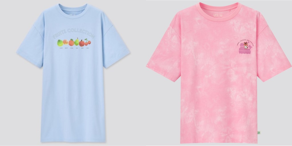 Two Animal Crossing New Horizons shirts from Uniqlo. One the left, a lightblue tunic reading 'fruits collection' with various fruits labeled beneath; on the right, a pink tie-dye tee featuring tom nook on the pocket.