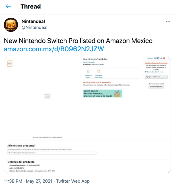 new Nintendo Switch Pro Amazon listing