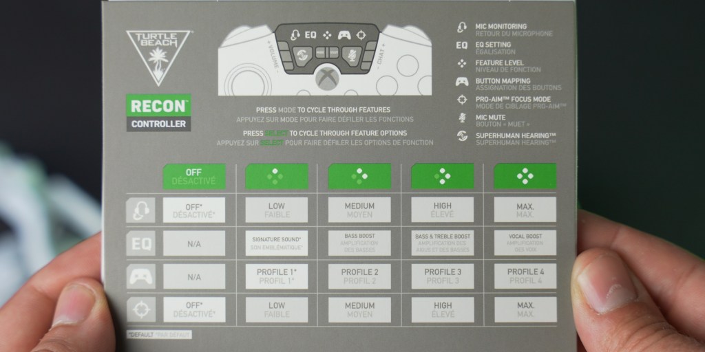 A diagram of features and options for audio, button mapping, and pro-aim focus mode. 